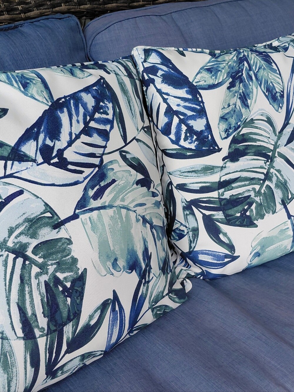 Set Of Navy White Botanical Print Outdoor Pillows